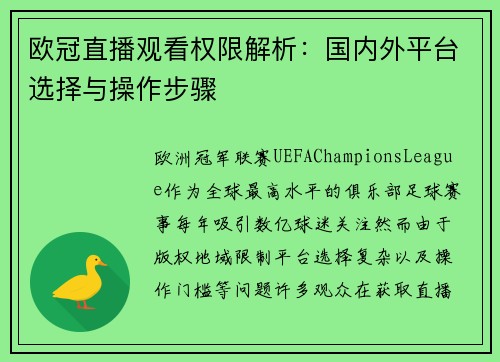 欧冠直播观看权限解析：国内外平台选择与操作步骤