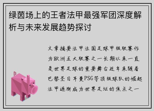 绿茵场上的王者法甲最强军团深度解析与未来发展趋势探讨